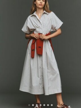 Anthropologie White and Navy Striped Midi Shirt Dress with Rust Knit Tie